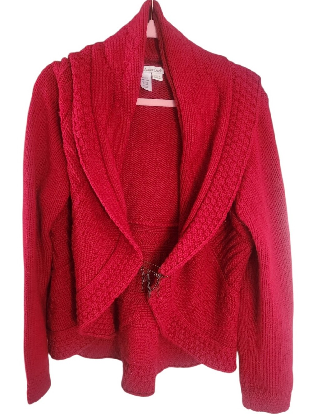 Coldwater Creek Red Shawl Collar Chunky Knit Cardigan Sweater Pin Closure Sz LG